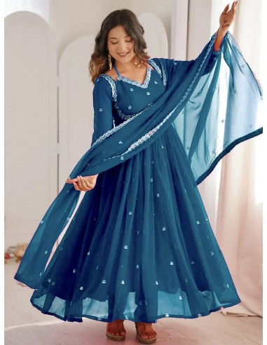 Robe Anarkali Brodée Luxe – Tenue Indienne Femme – Vert bleu  - 1