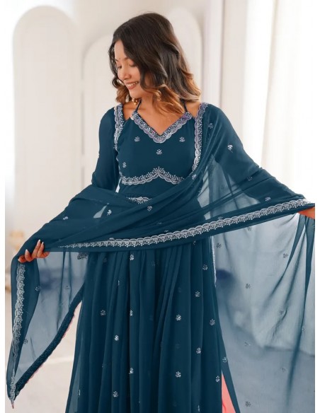 Robe Anarkali Brodée Luxe – Tenue Indienne Femme – Vert bleu  - 2