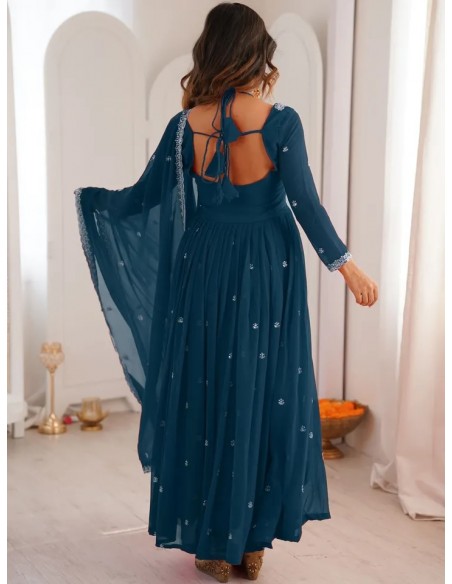 Robe Anarkali Brodée Luxe – Tenue Indienne Femme – Vert bleu  - 3