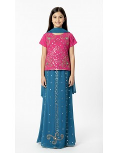 Lehenga choli enfant fille sari indien bollywood rose et bleu  - 1