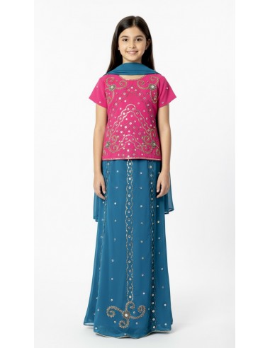 Lehenga choli enfant fille sari indien bollywood rose et bleu  - 1