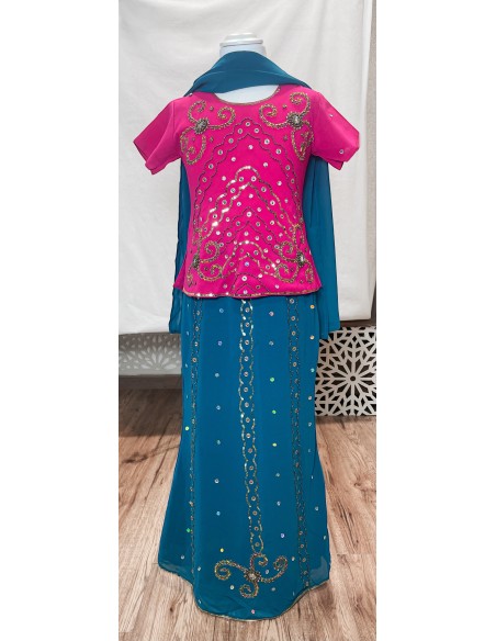 Lehenga choli enfant fille sari indien bollywood rose et bleu  - 2