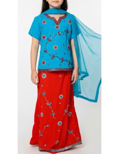 Lehenga choli enfant fille sari indien bollywood rouge et bleu  - 1