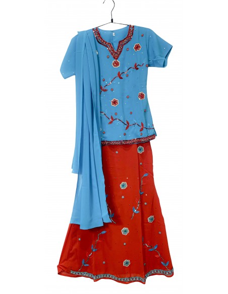 Lehenga choli enfant fille sari indien bollywood rouge et bleu  - 2