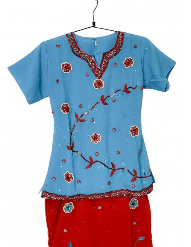 Lehenga choli enfant fille sari indien bollywood rouge et bleu  - 3