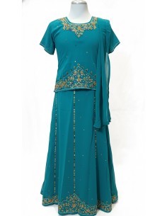 Lehenga choli jupe évasée bleu vert  - 1 2