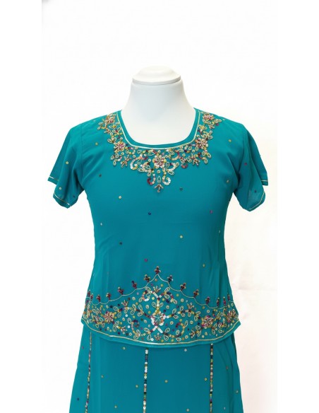 Lehenga choli jupe évasée bleu vert  - 4