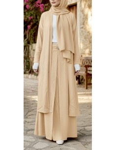 Ensemble jupe longue et gilet long beige – Tenue mastour élégante et fluide  - 1