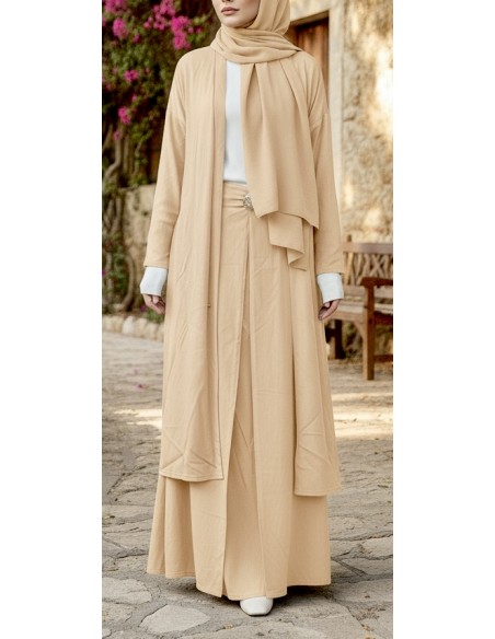 Ensemble jupe longue et gilet long beige – Tenue mastour élégante et fluide  - 1