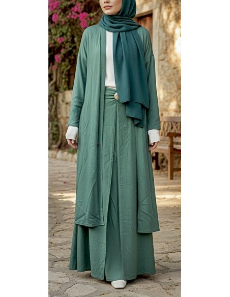 Ensemble jupe longue et gilet long vert – Tenue mastour élégante et fluide  - 1