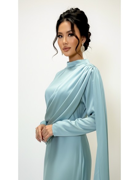 Robe longue satinée eau turquoise – Robe chic fluide à drapé moderne  - 3