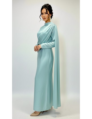 Robe longue satinée eau turquoise – Robe chic fluide à drapé moderne  - 2