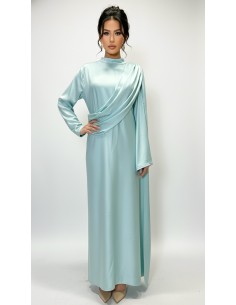 Robe longue satinée eau turquoise – Robe chic fluide à drapé moderne  - 1