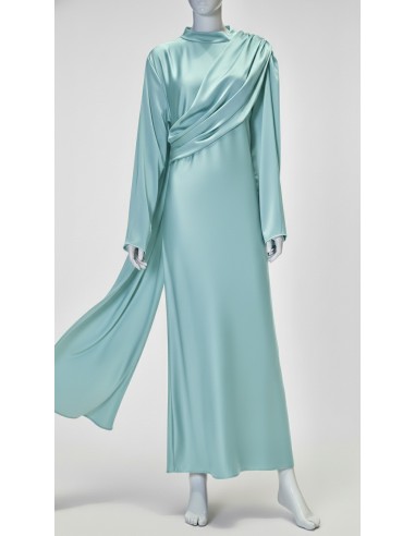 Robe longue satinée eau turquoise – Robe chic fluide à drapé moderne  - 4