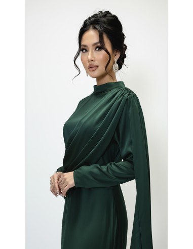Robe longue satinée vert émeraude – Robe chic fluide à drapé moderne  - 3