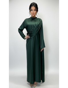 Robe longue satinée vert émeraude – Robe chic fluide à drapé moderne  - 1
