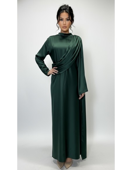 Robe longue satinée vert émeraude – Robe chic fluide à drapé moderne  - 1