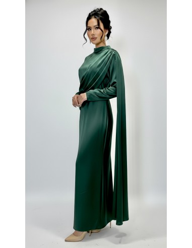 Robe longue satinée vert émeraude – Robe chic fluide à drapé moderne  - 2