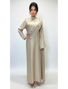 Robe longue satinée gold – Robe chic fluide à drapé moderne  - 1