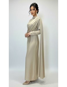 Robe longue satinée gold – Robe chic fluide à drapé moderne  - 1 2