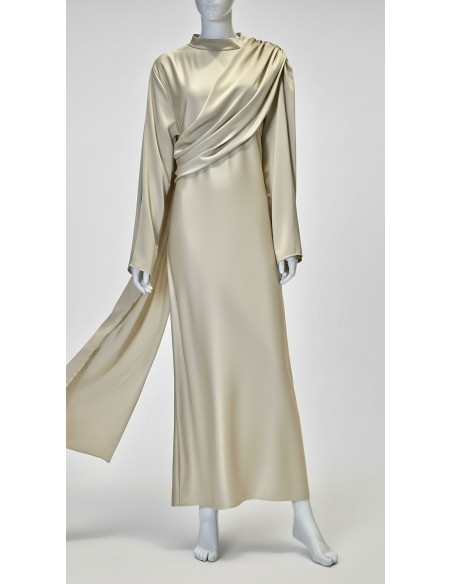 Robe longue satinée gold – Robe chic fluide à drapé moderne  - 4