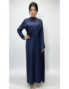 Robe longue satinée bleu marine – Robe chic fluide à drapé moderne  - 1
