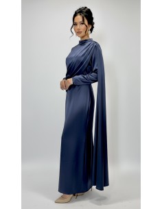 Robe longue satinée bleu marine – Robe chic fluide à drapé moderne  - 1 2