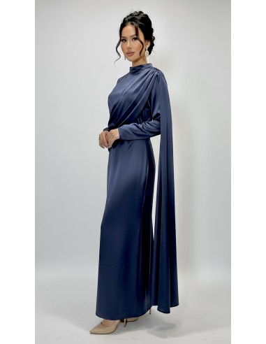 Robe longue satinée bleu marine – Robe chic fluide à drapé moderne  - 2