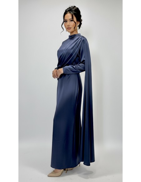 Robe longue satinée bleu marine – Robe chic fluide à drapé moderne  - 2