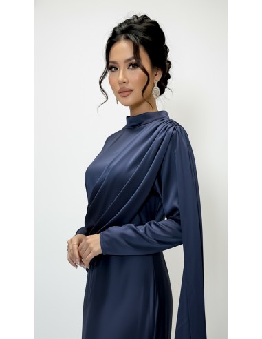 Robe longue satinée bleu marine – Robe chic fluide à drapé moderne  - 3