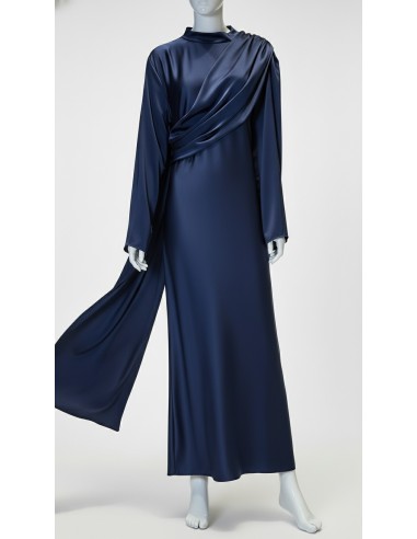 Robe longue satinée bleu marine – Robe chic fluide à drapé moderne  - 4