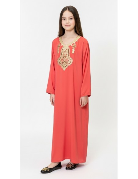 Gandoura Djellaba Abaya fille Enfant pour l'Aïd -Spécial Ramadan & Aïd - Corail  - 4