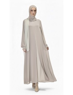 Robe Longue Bicolore avec Voile Assorti BEIGE – Spécial Ramadan, Aïd, Hajj & Omra  - 2 2