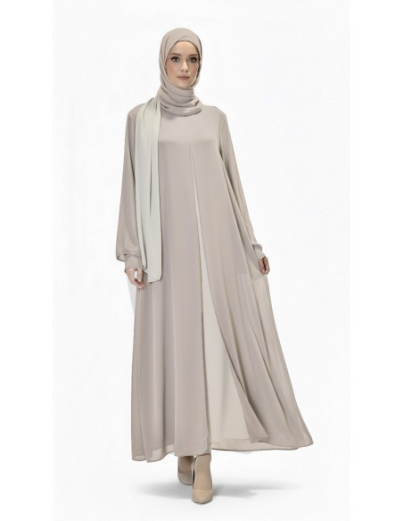 Robe Longue Bicolore avec Voile Assorti BEIGE – Spécial Ramadan, Aïd, Hajj & Omra  - 1