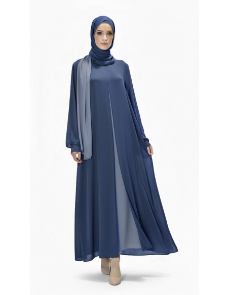 Robe Longue Bicolore avec Voile Assorti BLEU – Spécial Ramadan, Aïd, Hajj & Omra  - 2