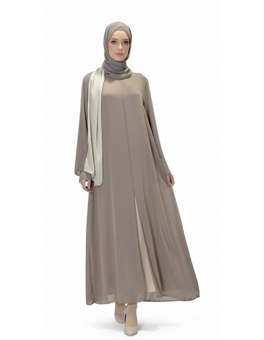 Robe Longue Bicolore avec Voile Assorti TAUPE– Spécial Ramadan, Aïd, Hajj & Omra  - 2