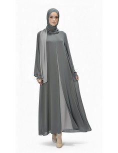 Robe Longue Bicolore avec Voile Assorti GRIS – Spécial Ramadan, Aïd, Hajj & Omra  - 1 2