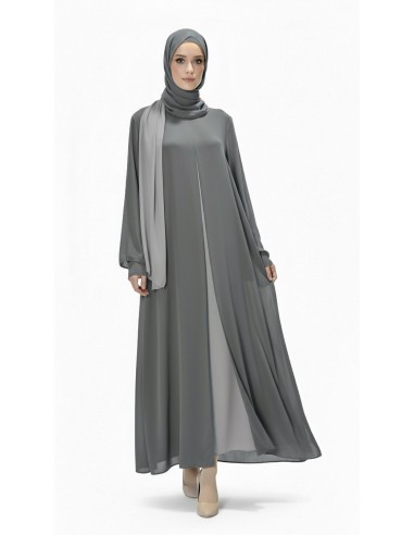 Robe Longue Bicolore avec Voile Assorti GRIS – Spécial Ramadan, Aïd, Hajj & Omra  - 2