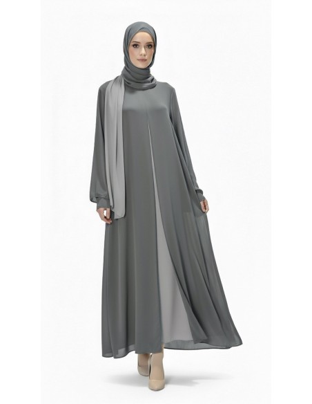 Robe Longue Bicolore avec Voile Assorti GRIS – Spécial Ramadan, Aïd, Hajj & Omra  - 2