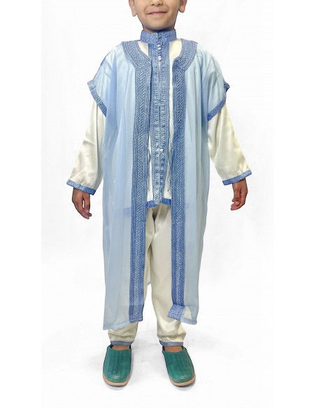 Jabador garçon ensemble Traditionnel de circoncision enfant-  oriental bleu ciel – tunique/pantalon satinée & cape(selhem)  - 1