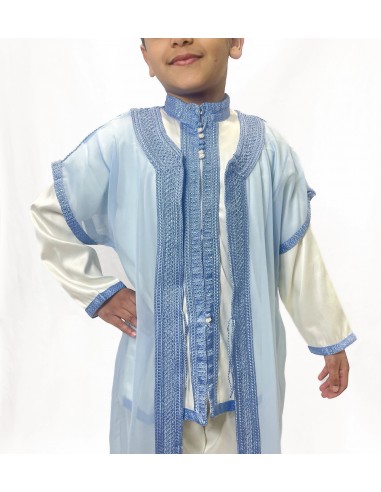 Jabador garçon ensemble Traditionnel de circoncision enfant-  oriental bleu ciel – tunique/pantalon satinée & cape(selhem)  - 2