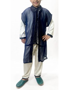 Jabador garçon Ensemble traditionnel bleu marine – Tenue de circoncision enfant - tunique/pantalon satinée & cape(selhem)  - 1