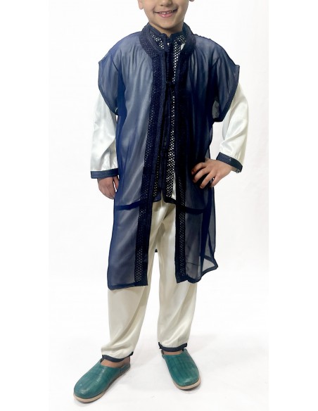 Jabador garçon Ensemble traditionnel bleu marine – Tenue de circoncision enfant - tunique/pantalon satinée & cape(selhem)  - 1