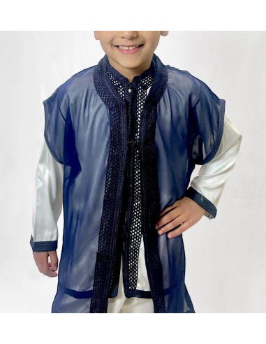 Jabador garçon Ensemble traditionnel bleu marine – Tenue de circoncision enfant - tunique/pantalon satinée & cape(selhem)  - 3