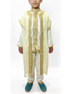 Jabador garçon Ensemble traditionnel blanc doré – Tenue de circoncision enfant - tunique/pantalon satinée & cape(selhem)  - 1