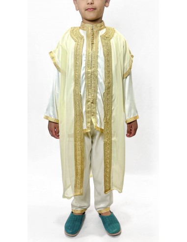 Jabador garçon Ensemble traditionnel blanc doré – Tenue de circoncision enfant - tunique/pantalon satinée & cape(selhem)  - 1