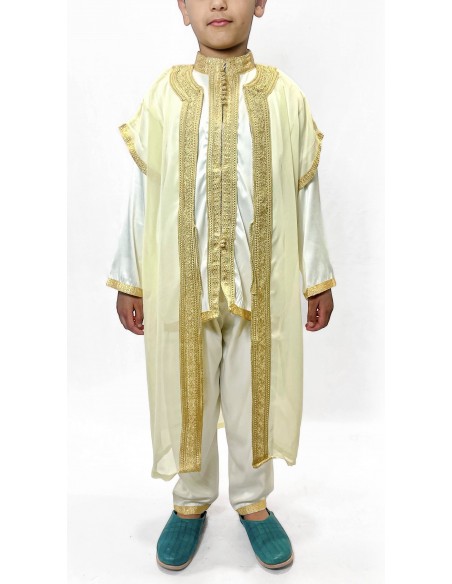 Jabador garçon Ensemble traditionnel blanc doré – Tenue de circoncision enfant - tunique/pantalon satinée & cape(selhem)  - 1