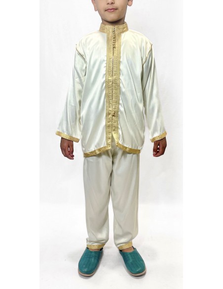 Jabador garçon Ensemble traditionnel blanc doré – Tenue de circoncision enfant - tunique/pantalon satinée & cape(selhem)  - 3