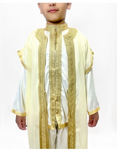 Jabador garçon Ensemble traditionnel blanc doré – Tenue de circoncision enfant - tunique/pantalon satinée & cape(selhem)  - 2
