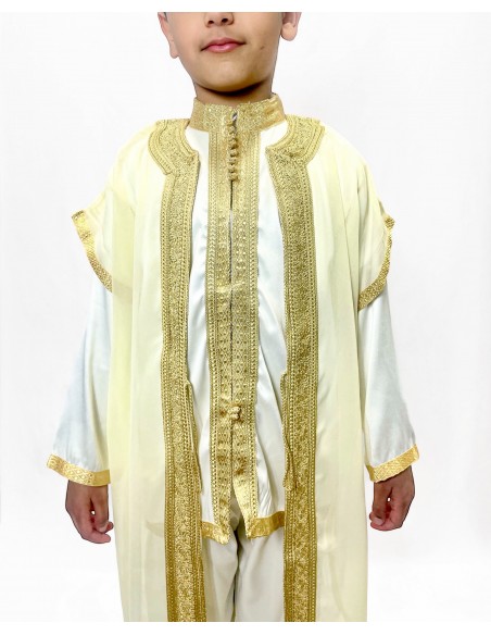 Jabador garçon Ensemble traditionnel blanc doré – Tenue de circoncision enfant - tunique/pantalon satinée & cape(selhem)  - 2